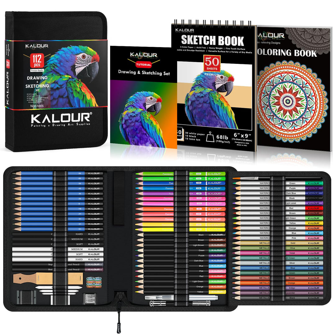 KALOUR PDAS 112 Zeichenset, Skizzierset, Pro Art Supplies mit 3-Farben-Skizzenbuch und Malbuch, Neon