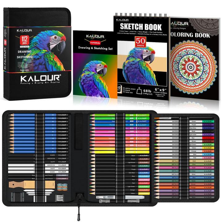 KALOUR PDAS 112 Zeichenset, Skizzierset, Pro Art Supplies mit 3-Farben-Skizzenbuch und Malbuch, Neon