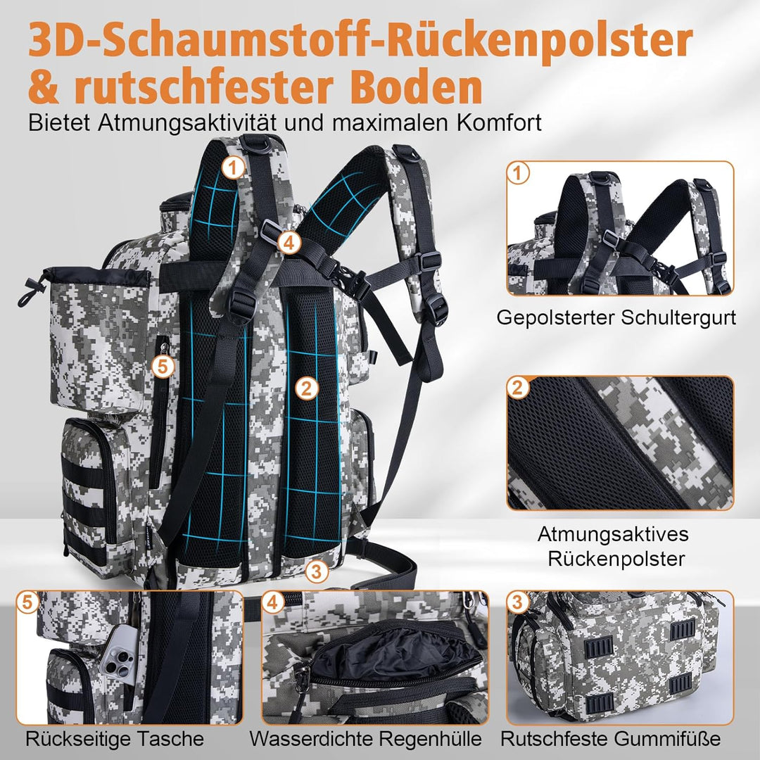 Goture Angelrucksack mit 4 Köderbox Angeln, 58-Liter Angelzubehör-Rucksack mit abnehmbarer Umhängeta