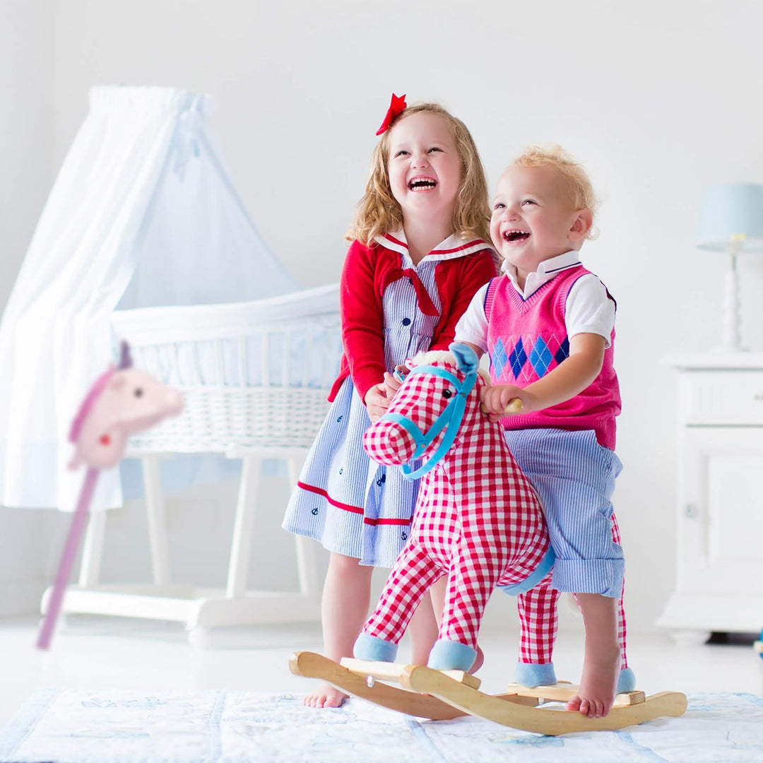 Relaxdays 10023852 Steckenpferd Einhorn, mit Sound, aus Holz & Plüsch, niedliches Stockpferd, Wieher