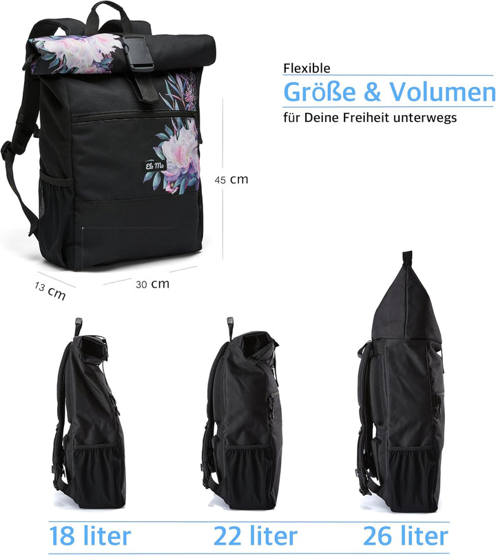 Ela Mo® Rolltop-Rucksack für Damen mit USB-Anschluss – Beauty in Darkness, Beauty in Darkness