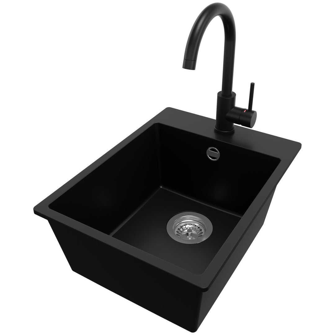 PRIMAGRAN Granitspüle Schwarz 38x50cm, Spülbecken 1 Becken + Küchenarmatur 32x20cm + Ablauf-Set, Küc
