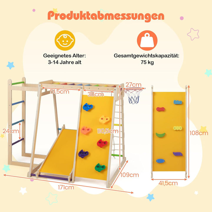 COSTWAY Klettergerüst Indoor, 6 in 1 Kletterleiter & Kletterstrick & Kletterfelsen & Rutsche & Affen