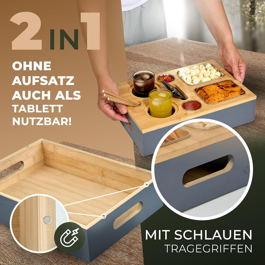Cascalino's® Couchbar Snackbox mit 2+2 Snackschalen aus Edelstahl - Sofatablett aus Holz | Sofa Orga