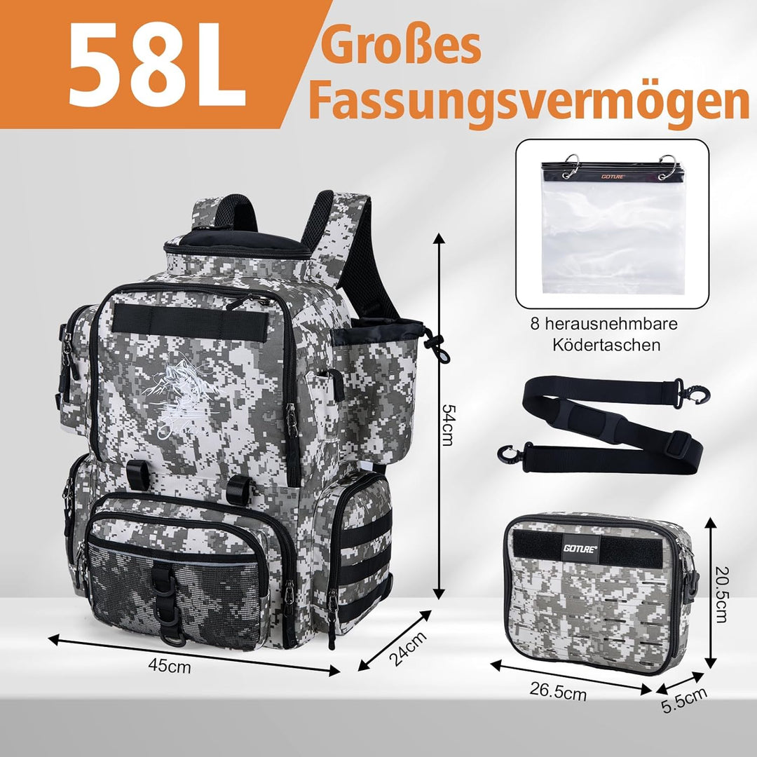 Goture Angelrucksack mit 4 Köderbox Angeln, 58-Liter mit Kühlfach & Abnehmbarer Umhängetasche, Ruten