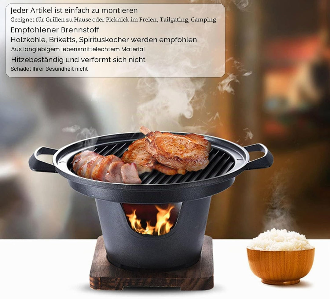 Hibachi Grill aus Gusseisen, Kleiner Tragbarer Rauchfreier Tischgrill, Japanischer Holzkohlegrill au
