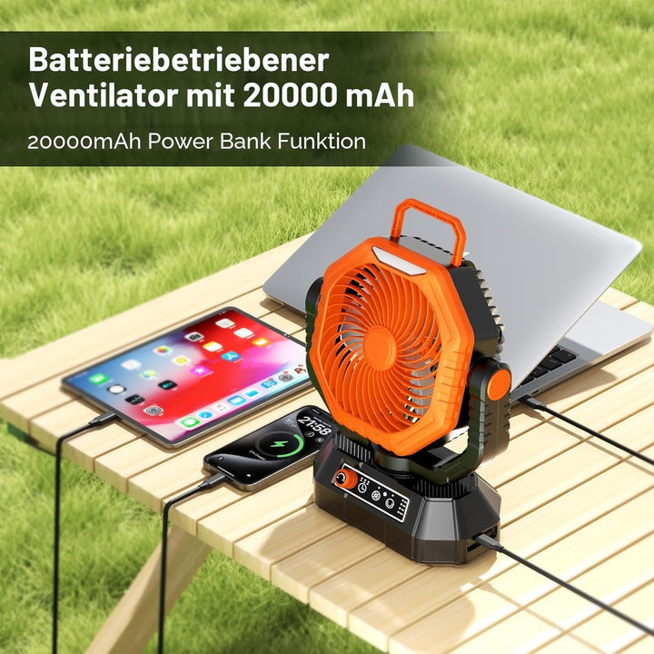 AJVV Camping Ventilator mit akku 20000mAh, Akku Ventilator mit Fernbedienung/LED Licht/270° Drehung,