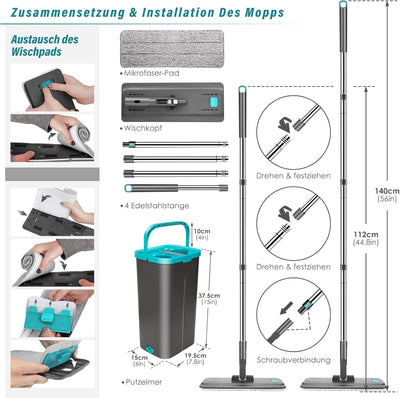 Myiosus Wischmopp Set mit Eimer, Bodenwischer mit Auswringfunktion, 6 Mikrofaser Mehrweg Wischpads E