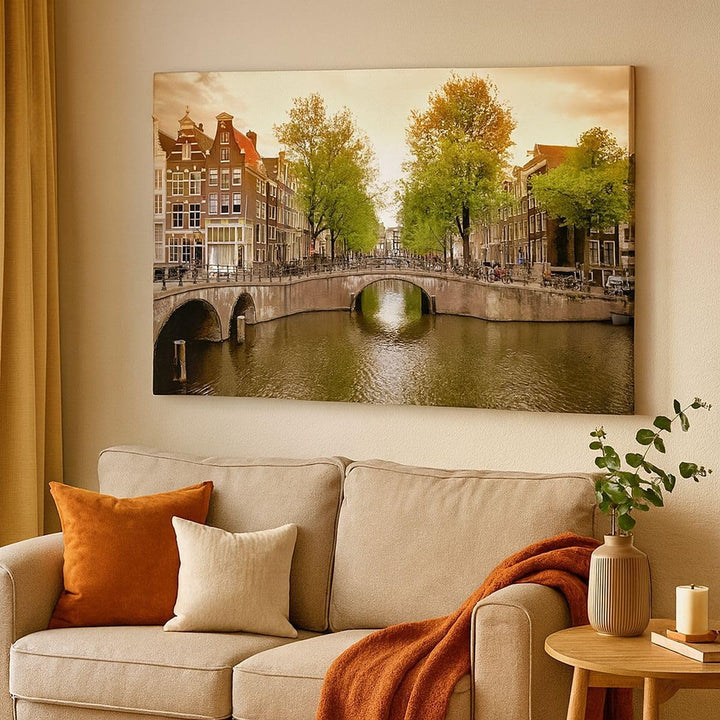 Bilder auf Leinwand 100x70cm Leinwandbild Kanal Wasser Amsterdam Fahrrad Gross Wanddeko Bild Schlafz