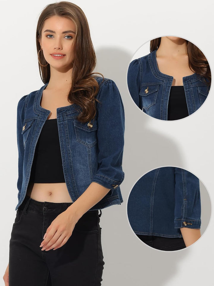 Allegra K Damen Jeansjacke 3/4 Ärmel Open Front Kragenlos Jacke mit Taschen XS Dunkelblau, XS Dunkel