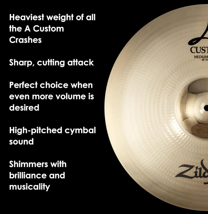 Zildjian A Custom Series - 18" Medium Crash Cymbal - Brilliant Finish Assorted Colors 18 Zoll, 18 Zo