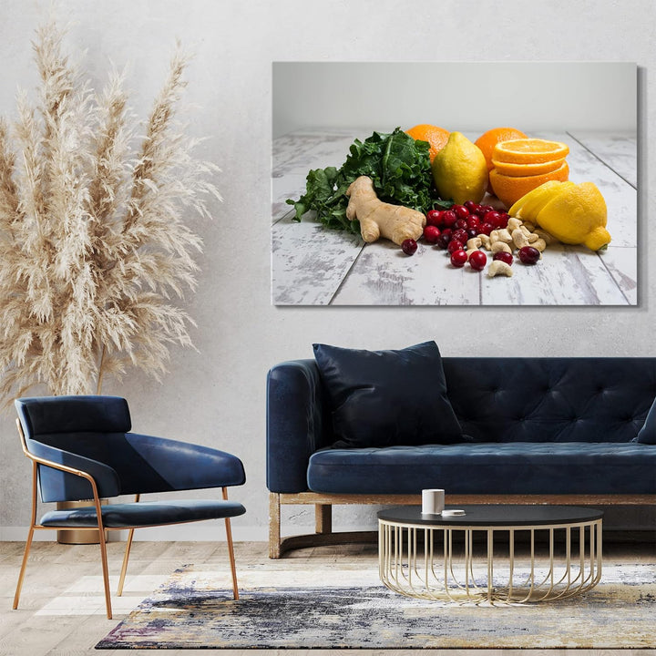 Printed Paintings Leinwand (80x60cm): Essensbilder Verschiedene Früchte, Gemüse, Obst auf Holztis 80