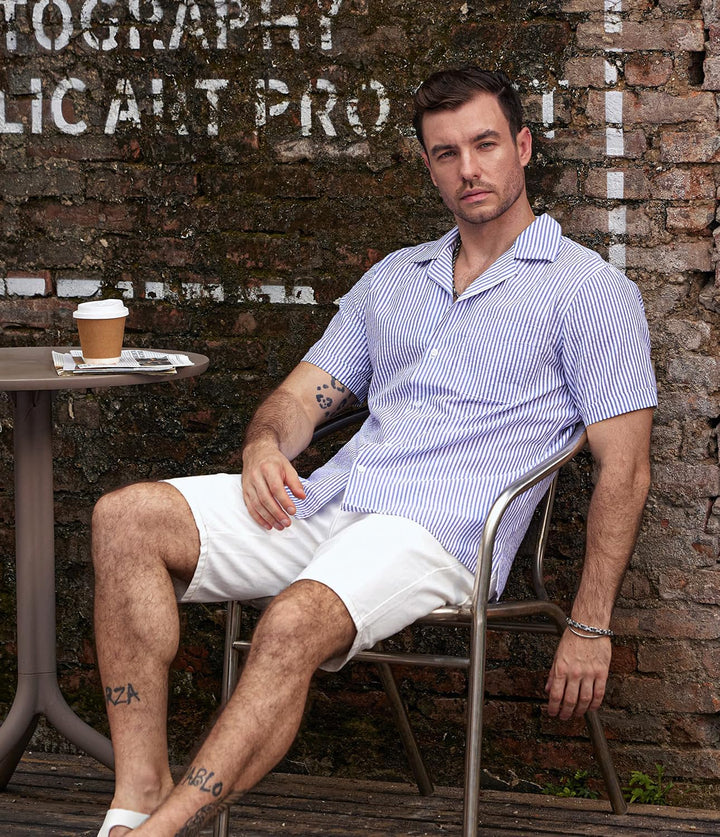 VATPAVE Herren Gestreifte Sommerhemd Casual Button Down Kurzarm Strand HawaiiHemd S Königsblau, S K&