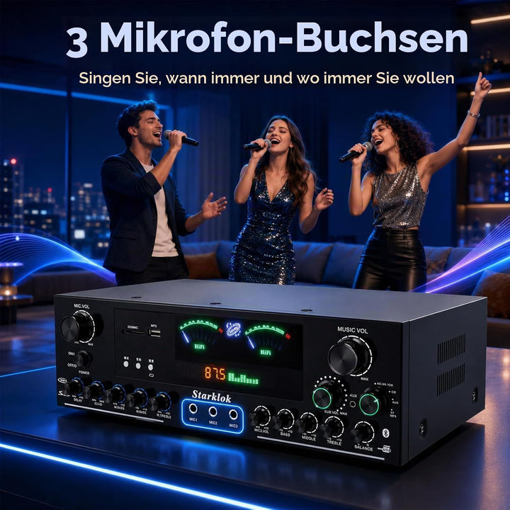 3000W Verstärker HiFi Stereo, 5.1-Channel Stereo Verstärker, 3 Mikrofoneingängen, Bluetooth 5.0, USB