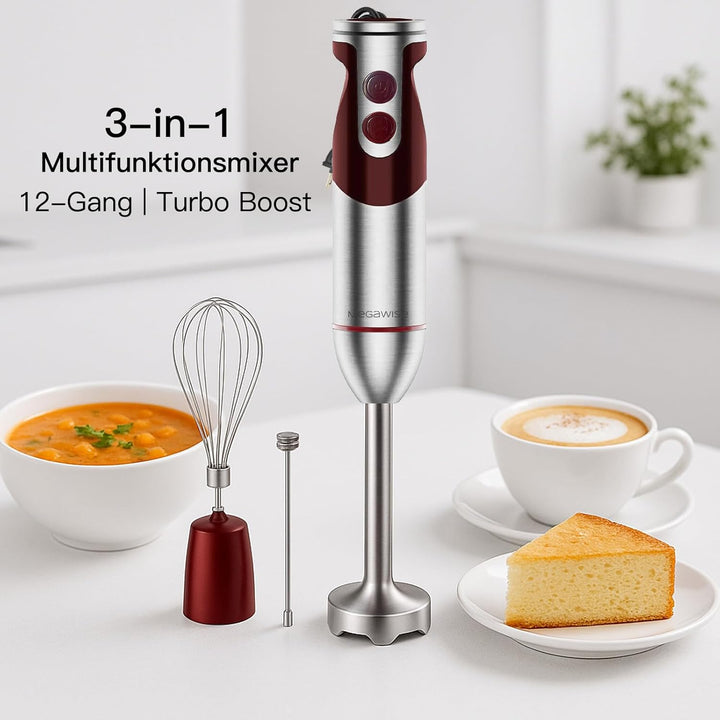 Megawise 3-in-1-Stabmixer – 12 Geschwindigkeiten, inkl. leistungsstarkem Mixstab, Schneebesen und Mi