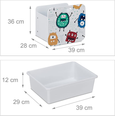 Relaxdays Kinderregal mit 6 Boxen, Monster-Design, 2 Kisten mit Rollen, HBT: 80,5x82,5x30 cm, Regal