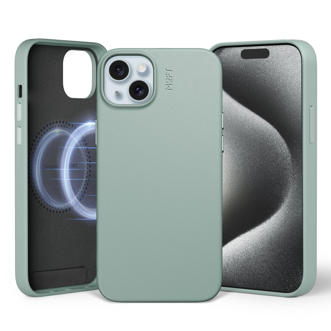 MOFT Magnetische Hülle für iPhone 15 Plus Kompatibel mit MagSafe, MOVAS Vegane Lederhülle, Weiches B