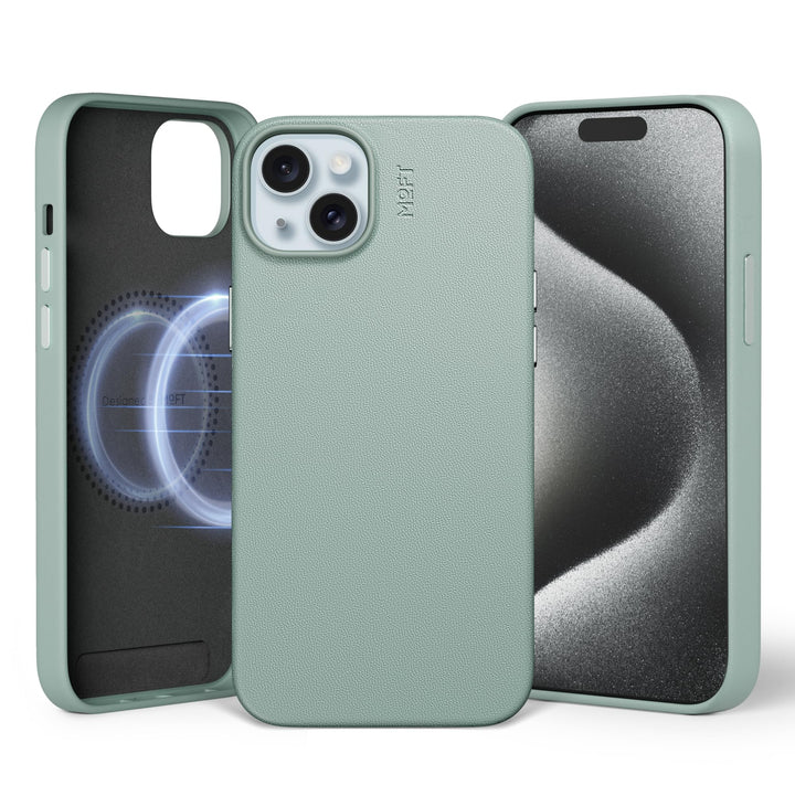 MOFT Magnetische Hülle für iPhone 15 Plus Kompatibel mit MagSafe, MOVAS Vegane Lederhülle, Weiches B
