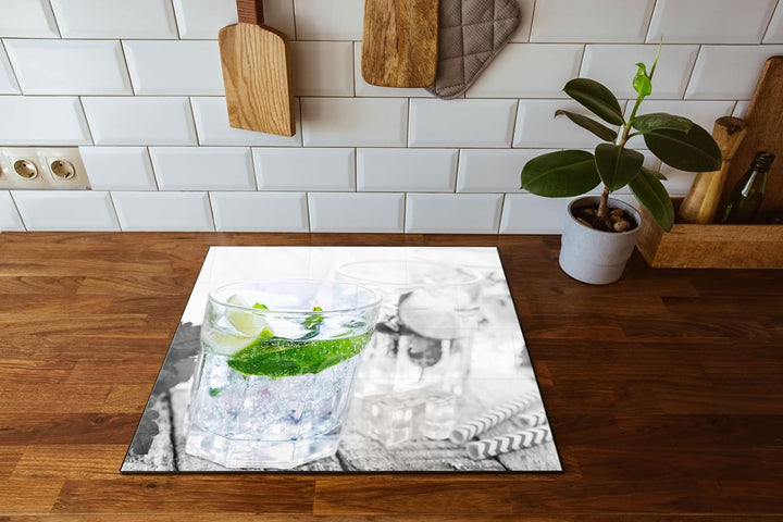 Mojito-Gläser mit Minze Herdabdeckplatte & Spritzschutz aus Echtglas | Für Herd-Kochfelder | 60x52 c