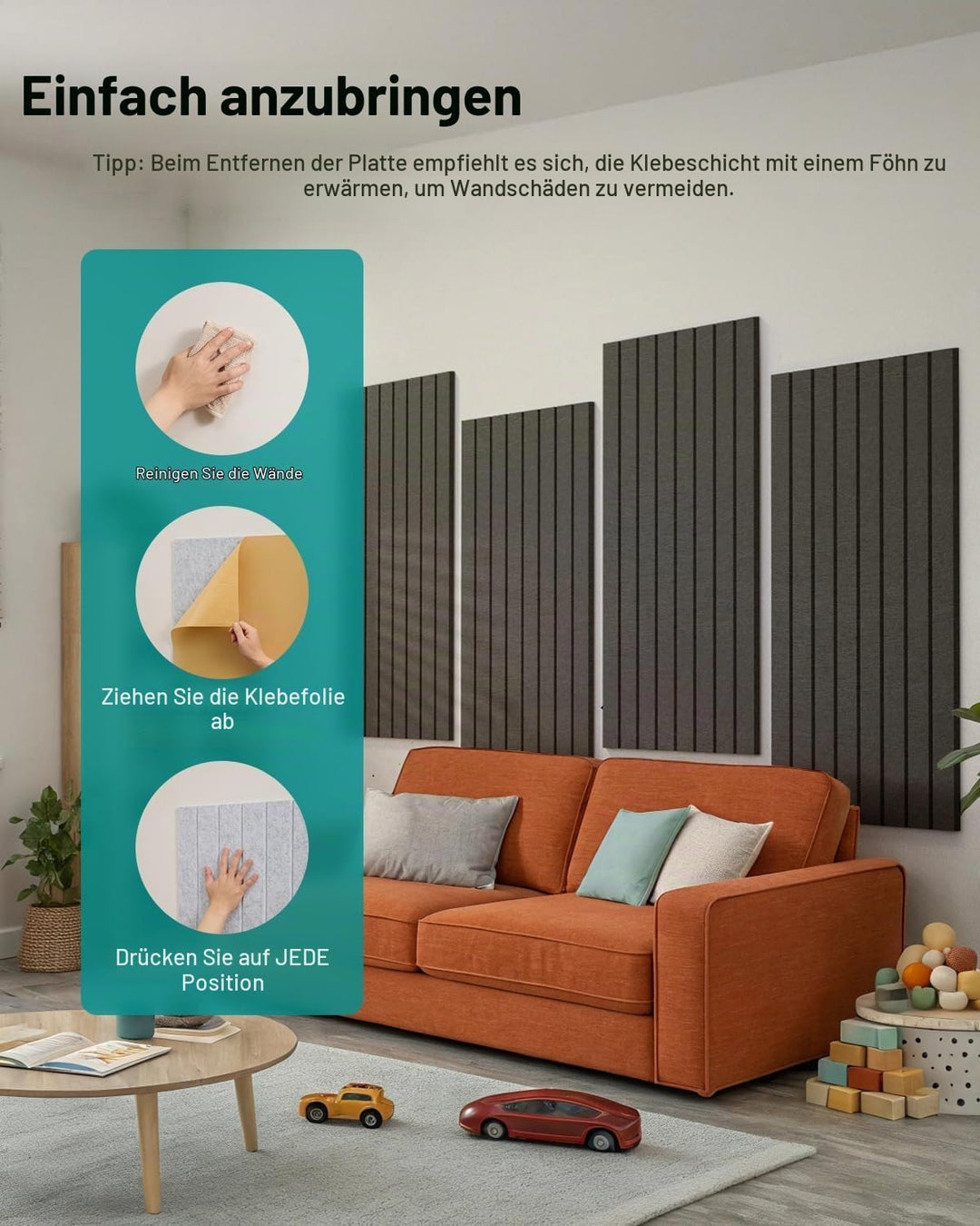 Soundsbay Akustikpaneele Selbstklebend, 2.88m²-4 Stück, 120×60×0.9cm Akustikplatten Wandpaneele für