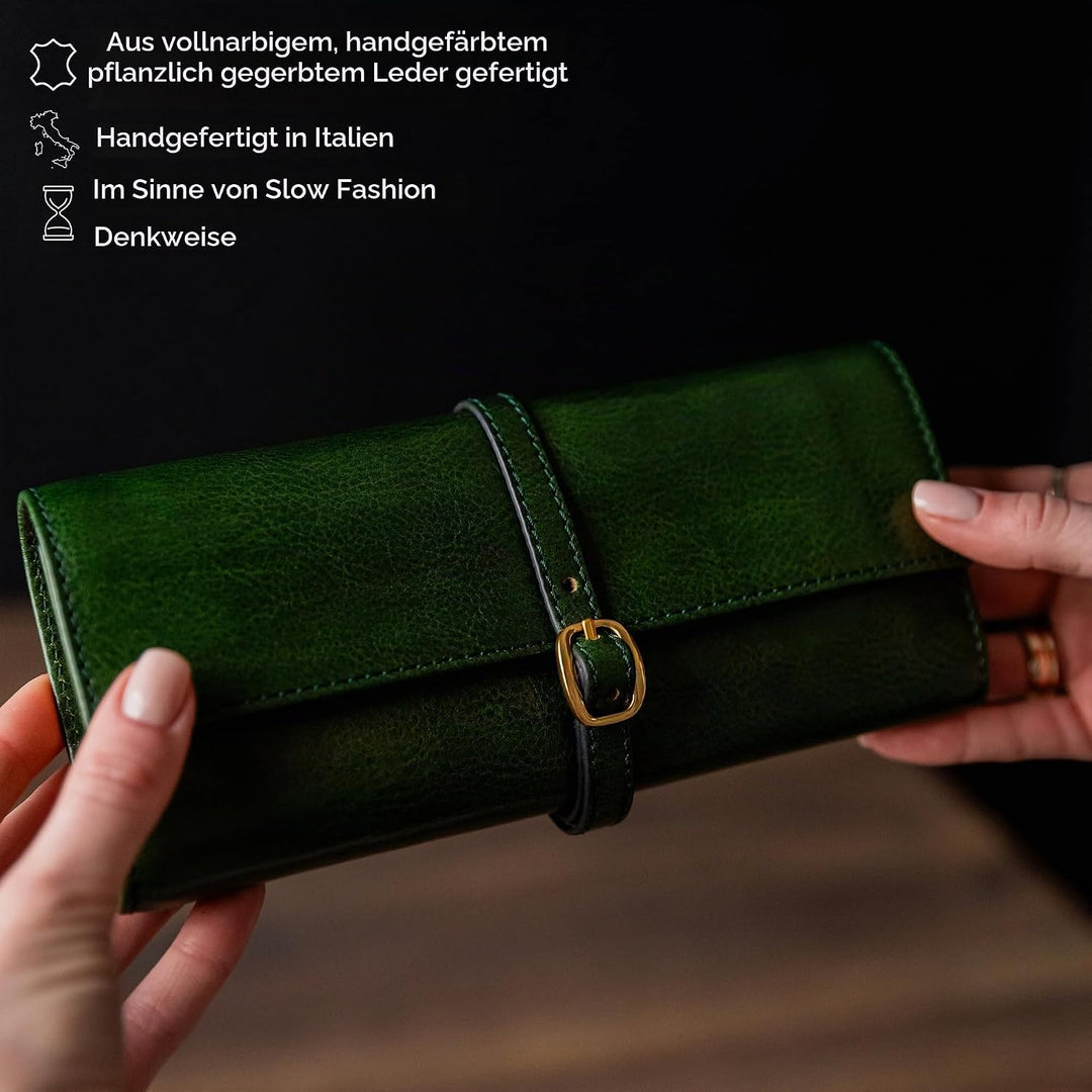 Time Resistance Grün Leder Schmuck Organizer – 100% Leder Schmuckrolle für Reisen Hergestellt in Ita