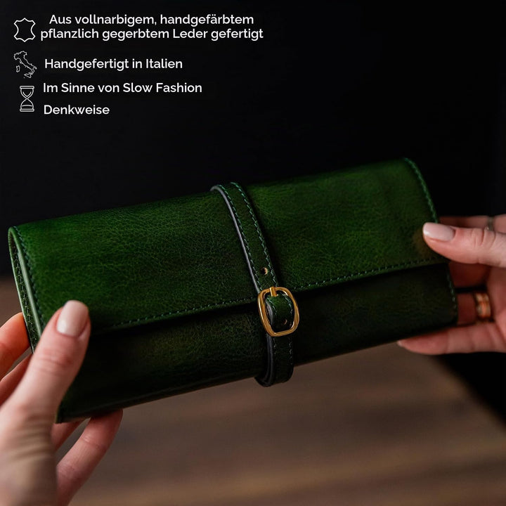 Time Resistance Grün Leder Schmuck Organizer – 100% Leder Schmuckrolle für Reisen Hergestellt in Ita