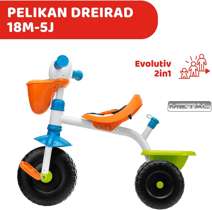 Chicco Pelikan Kinderdreirad, Dreirad für Mädchen und Jungen mit höhenverstellbarem Lenker, Sicherhe