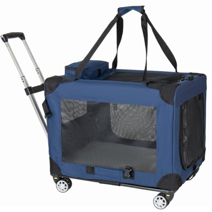 Dunkelblaue Tiertransportbox, 2-in-1 Faltbare Hundetransporttasche mit Rollen, Belüftete Haustierbox