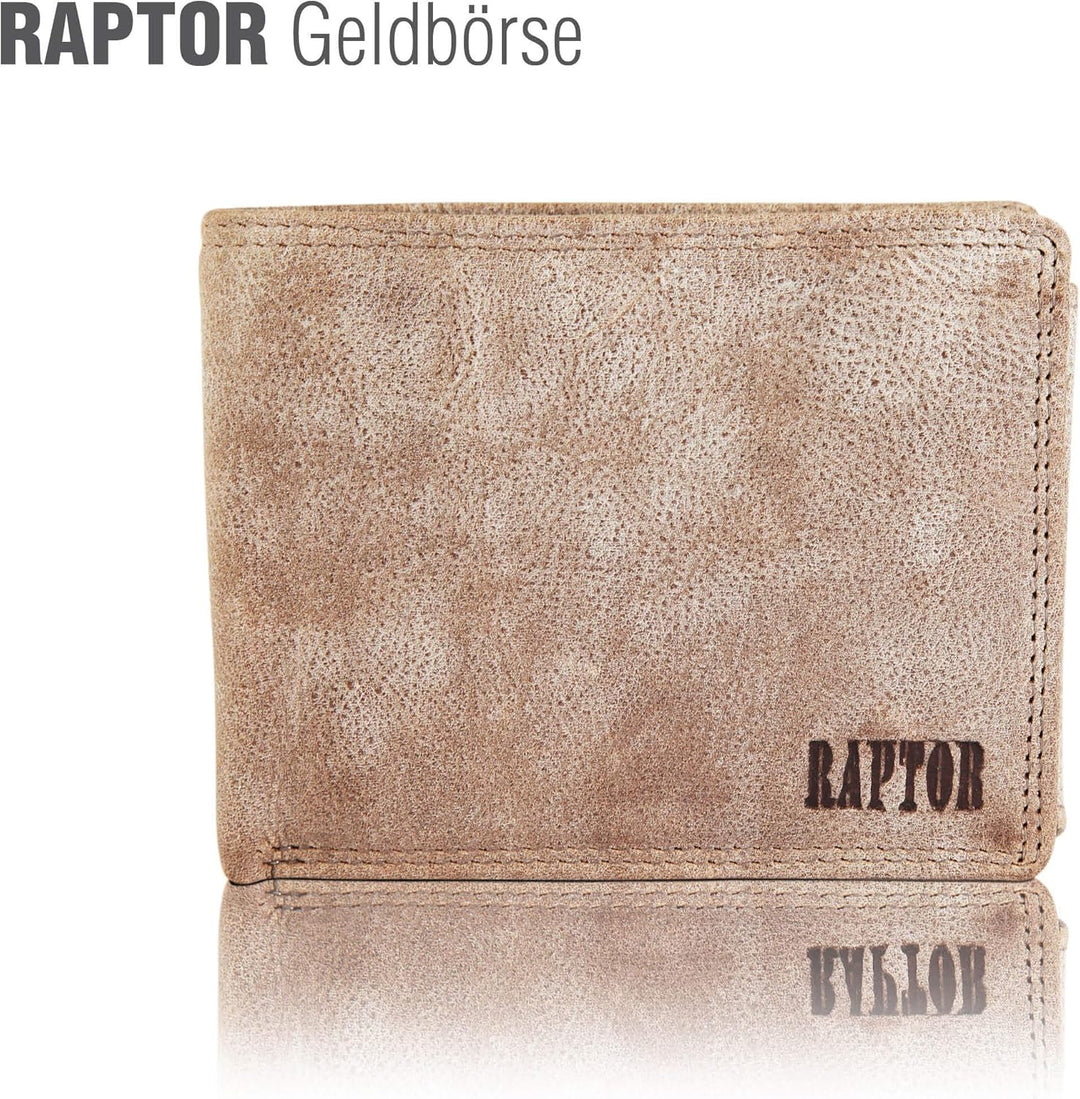 Raptor Herren-Geldbörse aus Leder im Used Look Querformat 12x9cm RA40005 Grau, Grau