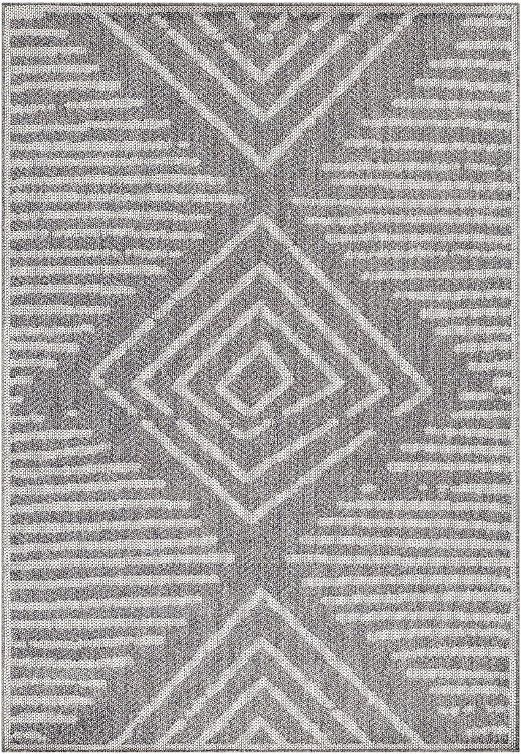 In- & Outdoor Teppich Robuster, Modern Boho Design, Rechteckig, Grau und Creme Farbe, Flachgewebe, W