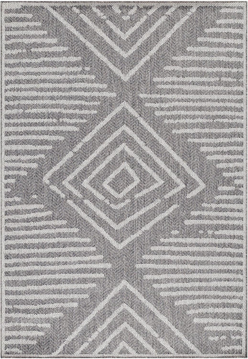 In- & Outdoor Teppich Robuster, Modern Boho Design, Rechteckig, Grau und Creme Farbe, Flachgewebe, W