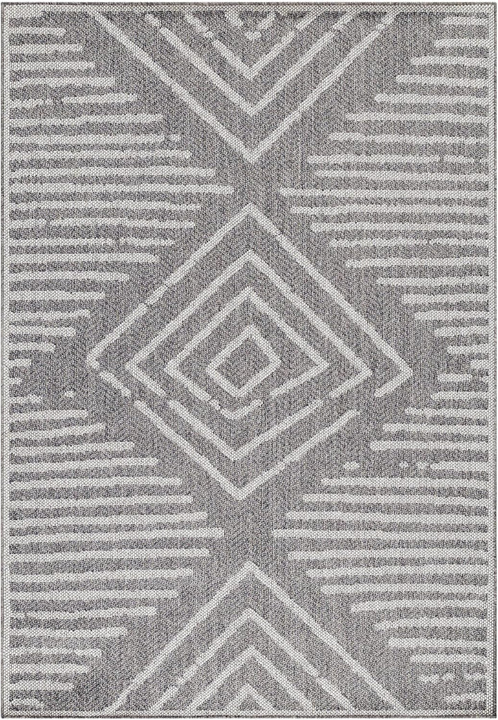 In- & Outdoor Läufer Teppich Robuster, Modern Boho Design, Rechteckig, Grau und Creme Farbe, Wetterf