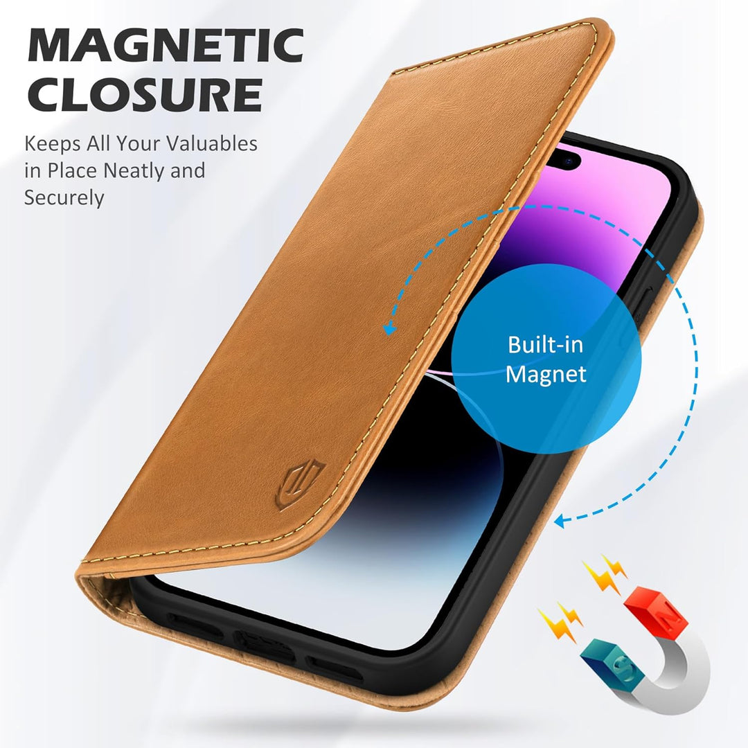 SHIELDON Hülle für iPhone 14 Pro Max Schutzhülle [Rindsleder] [Stossfest ] [Kartenfach] [Magnetversc