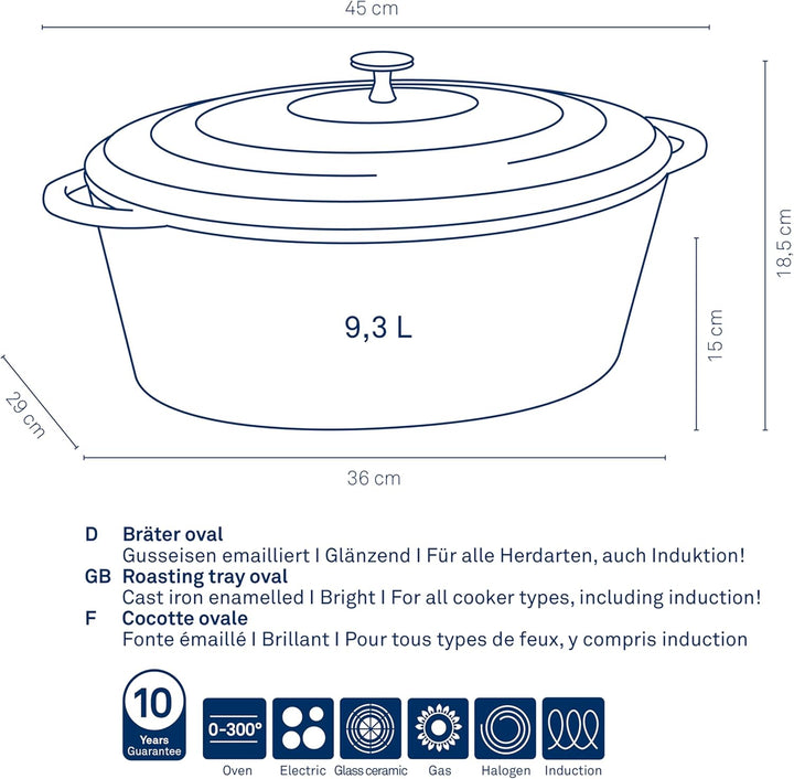 kela Bräter Gusseisen oval 9,3 Liter, Dutch Oven CALIDO, Induktion Gussbräter mit Deckel backofengee