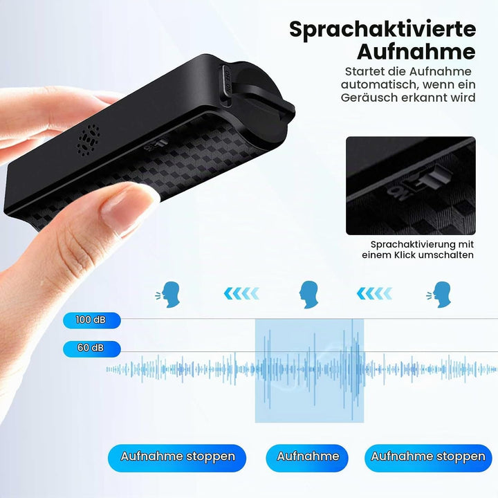 64GB Sprachrekorder mit Magnet, 25 Tage Daueraufnahme, Wiederaufladbar Über USB, Sprachaktivierung,