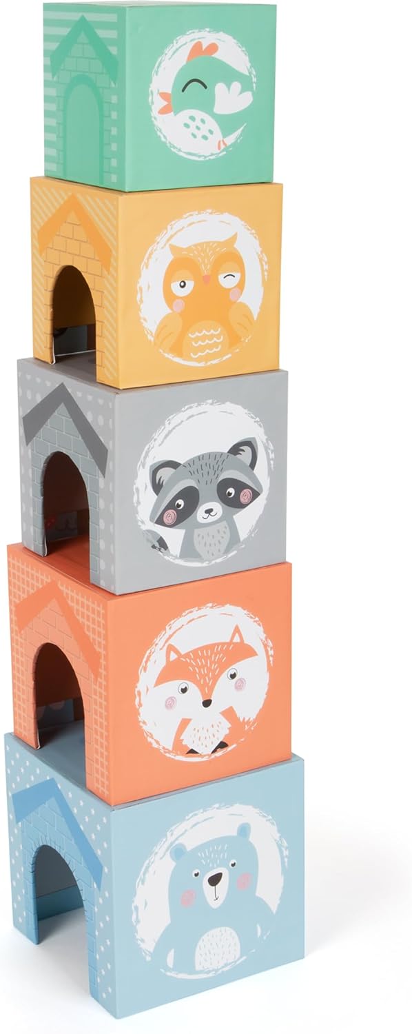 Small Foot Stapelwürfel Pastell aus Pappe mit Tierfiguren aus Holz, Stapelturm für Kleinkinder ab 12