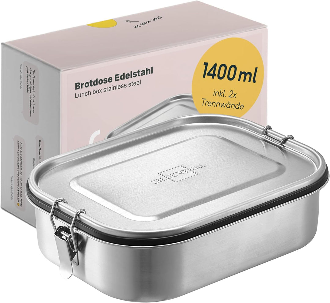 SILBERTHAL Brotdose Edelstahl mit Fächern – Grosse Lunchbox 1400ml für Erwachsene – Auslaufsicher –