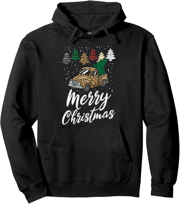 Merry Christmas Paid Leopard Truck Xmas Girls Women Gift Pullover Hoodie