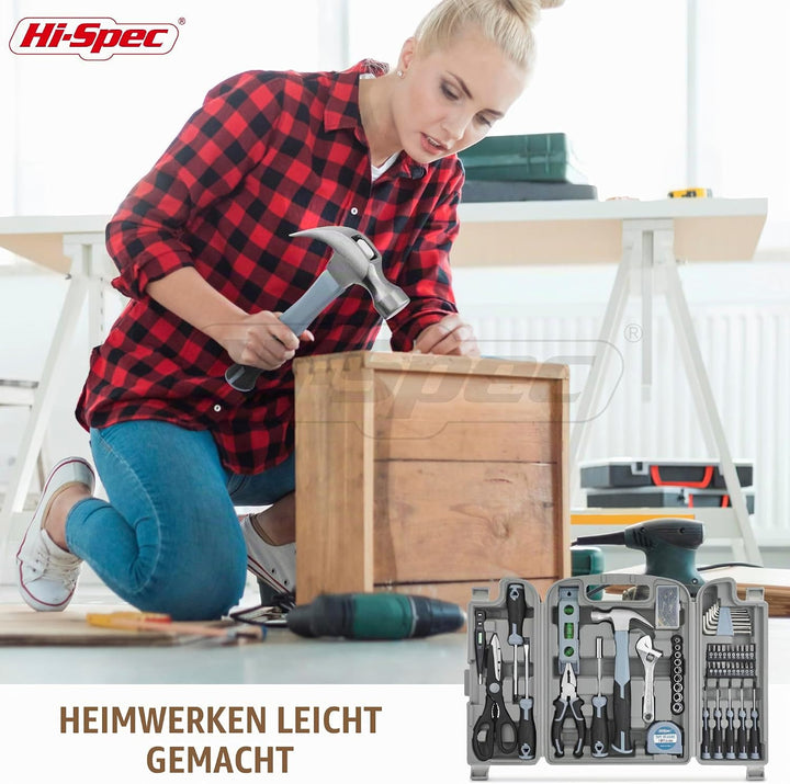 Hi-Spec 54-TLG. Werkzeugkasten-Set in Grau, gefüllt mit Werkzeugen für Haushalt und Garage. Werkzeug
