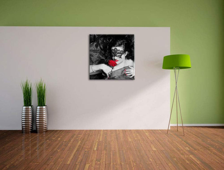 Pixxprint Maskierte Lady mit Rose als Leinwandbild/Grösse: 70x70 cm/Wandbild/Kunstdruck/fertig bespa