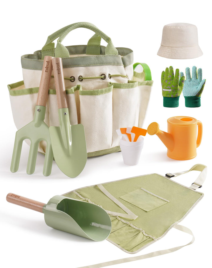 ROBUD Kinder Gartenarbeit Set, 18 PCS Kleinkind Gartengeräte Kit mit Schürze, Handschuhe, Schaufel,