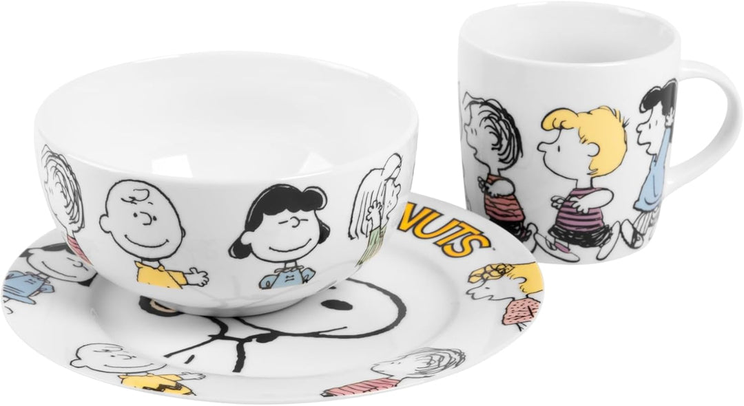 The Peanuts Frühstücksset Snoopy - Family - Geschirr Set 3-teilig Teller, Schale &amp; Tasse aus Porzell