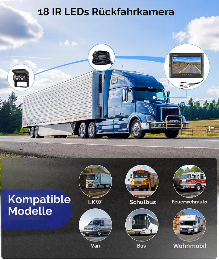 Podofo Rückfahrkamera Set Kabel 10M mit 7 Zoll TFT LCD Monitor Kit Einparkhilfe Wasserdicht IP69 Rüc