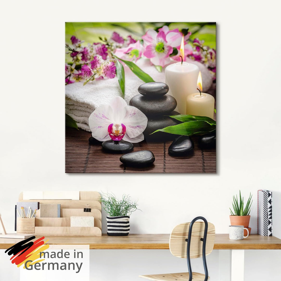 ARTland Glasbilder Wandbild Glas Bild einteilig 40x40 cm Quadratisch Wellness Zen Steine Spa Orchide