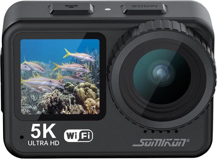 Somikon Unterwasserkamera: Mini-Actioncam mit 5K-Auflösung, wasserdicht bis 21 m, 2 Displays, EIS (M