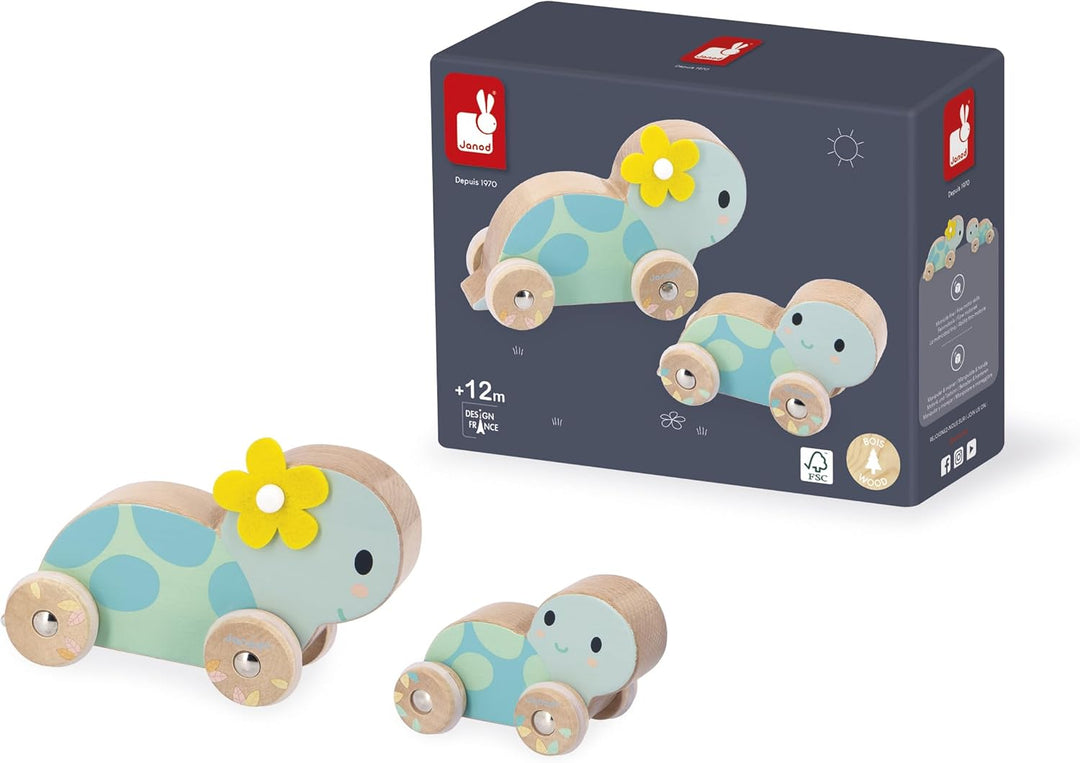Janod J05148 Set aus 2 Holzschildkröten-Spielzeug zum Rollen-Geräuscharme Räder-Lernspielzeug-Förder