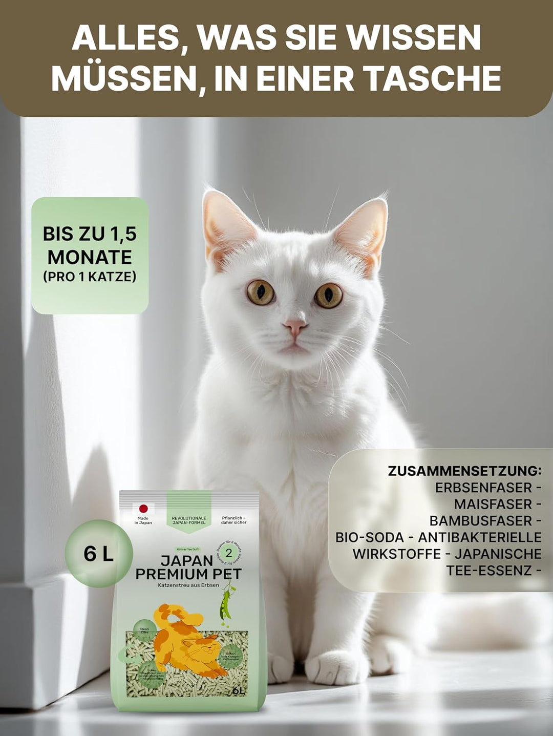 Tofu Katzenstreu aus Grünen Erbsen | Spülbar &amp; Klumpend | Antibakteriell | Geruchskontrolle &amp; Staubf