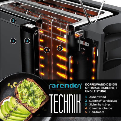 Arendo - Toaster 2 Scheiben Edelstahl mit Restzeitanzeige - 800 Watt - Doppelwandgehäuse - Integrier