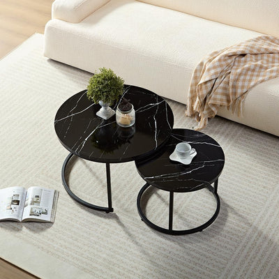 HeyHeaven® Couchtisch Rund Schwarz Marmor 2er Set – Runder Couch Tisch in Marmor Optik mit schwarz M