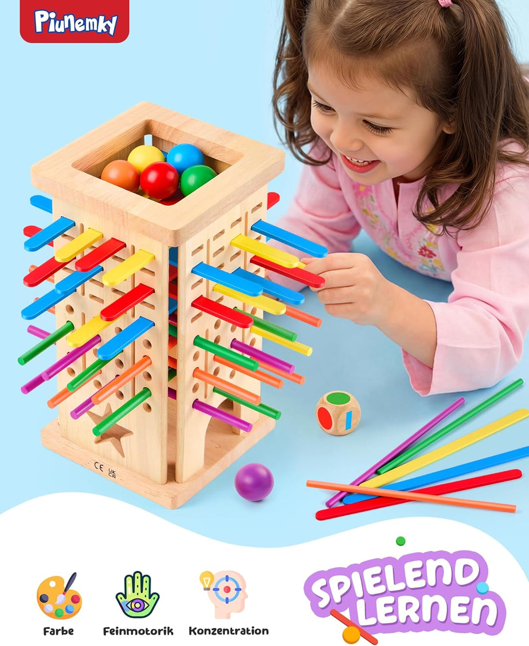 Montessori Spielzeug Holz Brettspiel ab 3 Jahren – Kinderspiele mit Bunte Stäbchen & Ball – Lernspie